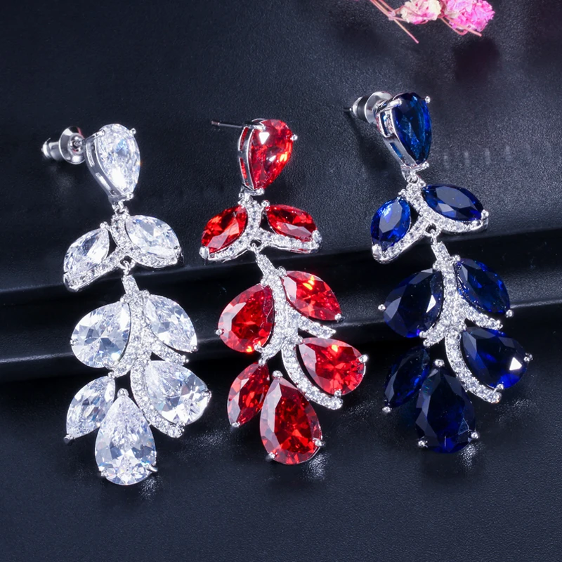 

ThreeGraces Elegant Red Blue Cubic Zirconia Stone Long Big Leaf Drop Earrings for Women Fashion Bridal Wedding Jewelry E1402