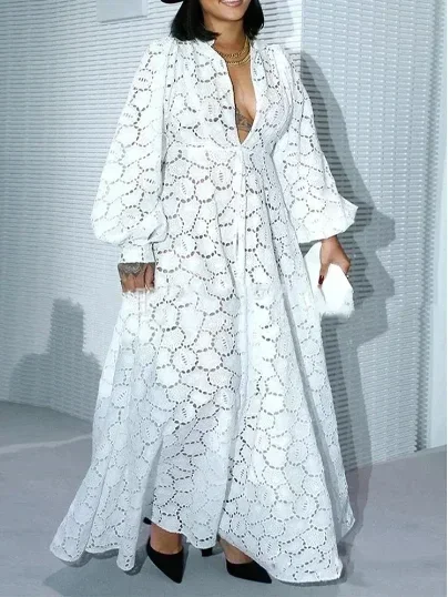 Witte Kanten Jurken Voor Dames Bruiloftsgasten Elegante Turn Down Kraag Pofmouwen Geplooide Zoom Midi Jurk Luxe Gelegenheid Kleding