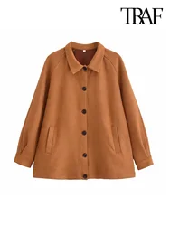 TRAF-Women's Oversized Faux Suede Jacket Coat, Long Sleeve, Flock Button, Female Outerwear, Chic Tops, Fashion