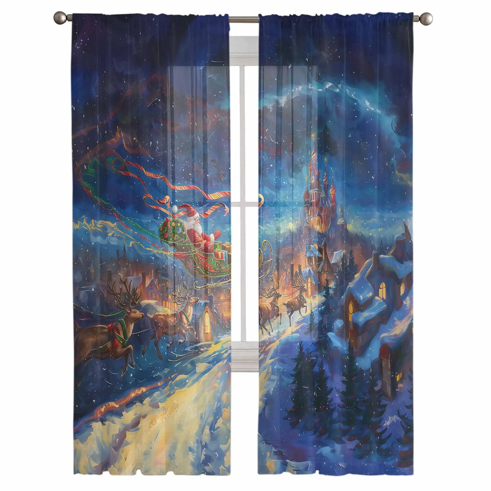 Christmas Night View Santa Claus Reindeer Window Tulle Curtains for Living Room Kitchen Christmas Decor Sheer Voile Curtains