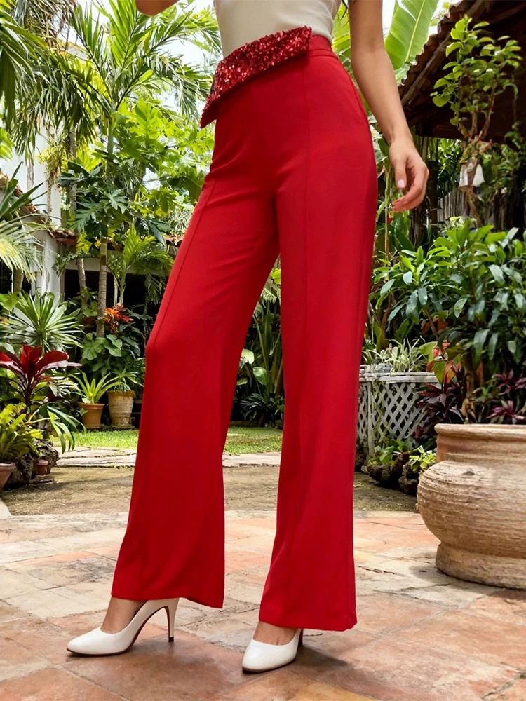 Pantalon droit à poches de couleur unie pour femmes, élégant, décontracté, Simple, Long de fête, mode paillettes épissées, taille haute, nouvelle collection