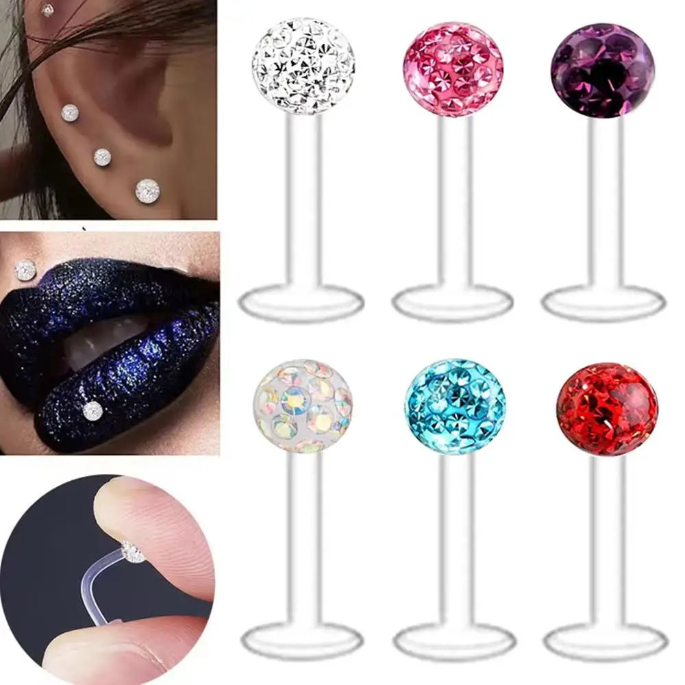 2pcs 16G Acrylic Labret Lip Ring 6-12mm Bar Flexible Epoxy Coved Crystal 3mm Ball Ear Tragus Stud Retainer Piercing Jewelry