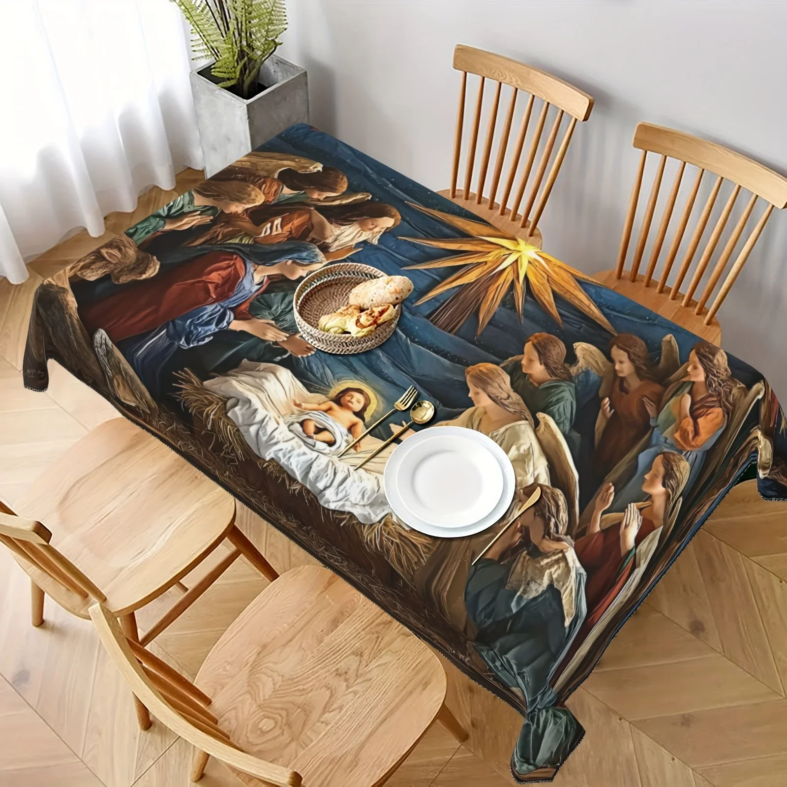 Watercolor Religious Art Tablecloth for Dining Room Tablecloth Waterproof Cloth for Christian Home Decor