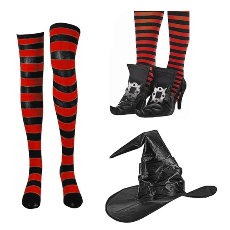 Halloween-Hexe-Anzieh-Outfit-Zubehör für Frauen, inklusive Hexenhut, Hexen-Schuhüberzug, gestreifte Strümpfe für Cosplay