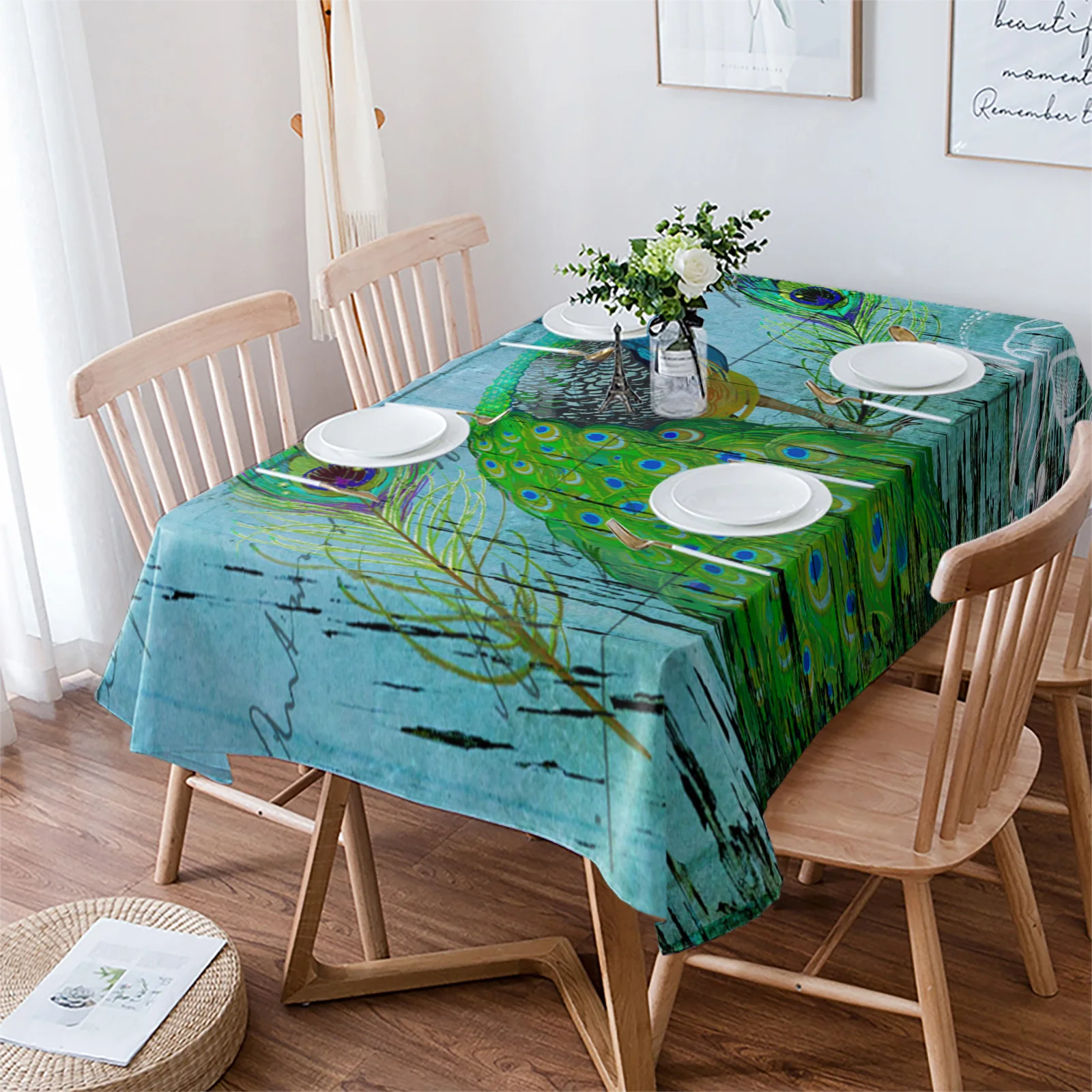 

Peacock Wood Grain Feather Retro Tablecloth Waterproof Dining Table Rectangular Round Tablecloth Home Textile Kitchen Decoration