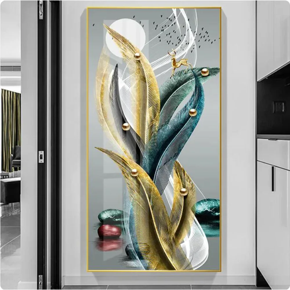 Nordic Luxury Abstract Wall Art Golden White Feathers Diamond Embroidery Diamond Painting DIY Rhinestone Mosaic Handmade Gifts