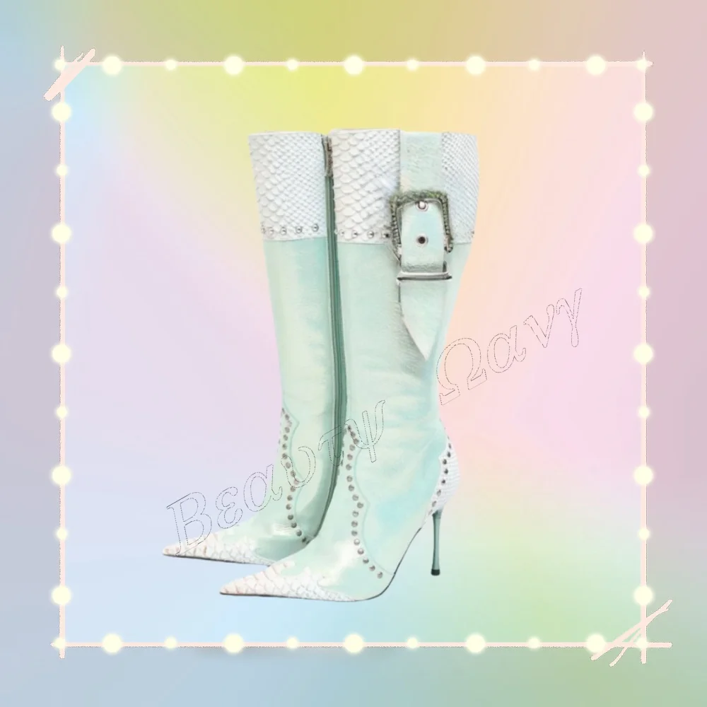 

Blue Side Belt Decor Boots Snakeskin Pattern Thin Heels Shoes Mid Calf Shoes for Women Shoes 2025 Zapatos Para Mujere