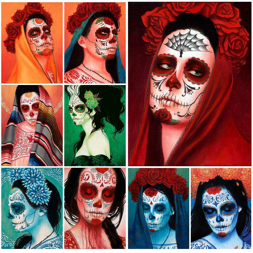 Woman Grimace Portrait Mexico Day of the Dead Posters Wall Art Canvas Painting Home Decor Wall Pictures For Living Room Unframed