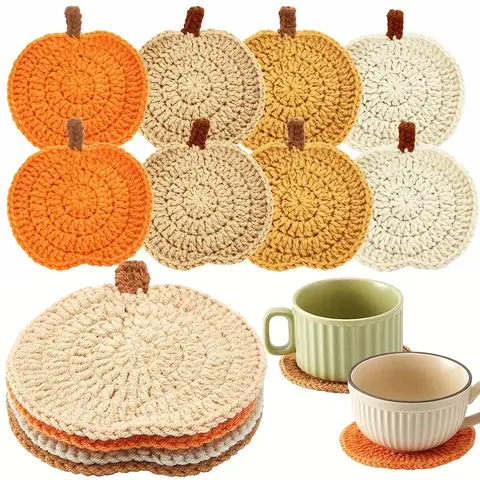 Juego de 4 posavasos de calabaza tejidos a mano, posavasos para bebidas resistentes al calor, decoración de escritorio de otoño, estilo granja, tema de otoño