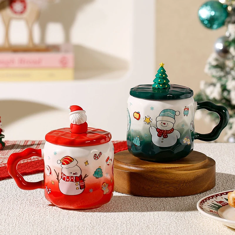 

380 мл керамическая кофейная чашка в европейском стиле с крышкой, креативная кружка Санта-Клауса и снеговика, домашняя кружка для завтрака, овсяная молочная кружка, Рождественский подарок