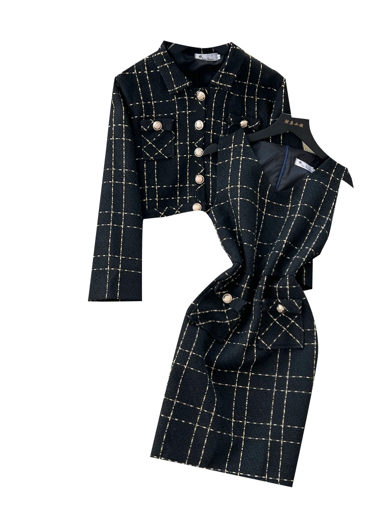 Ele Plaid Woolen Dr Women's Autumn Winter Slimming Svel Long Sve ort Coat High Waist Faion Set Casual Wor...