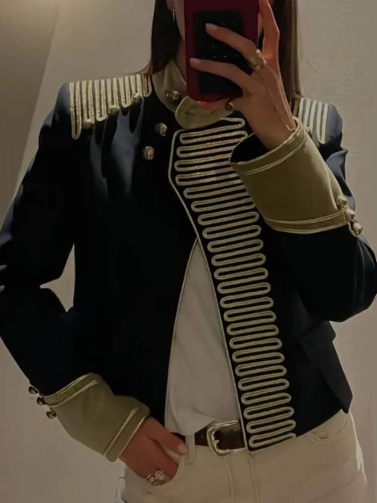 HH Women Elegant Short Jacket Long Sleeves Single Breasted High Collar Decoration Casual Slim Woman Fashion High Street Coat