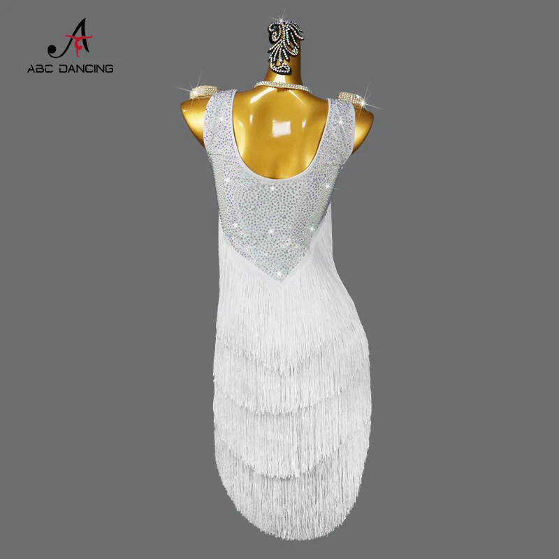 Vestido de baile latino blanco con flecos para mujer, ropa deportiva Sexy para fiesta de salón, Falda corta, ropa de Samba de competición profesional para adultos