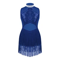 Vestido de baile de Ballet de Jazz con diamantes de imitación brillantes para niñas, cuello decorado, lentejuelas, malla, dobladillo de borla, leotardos de baile, vestido de actuación de baile