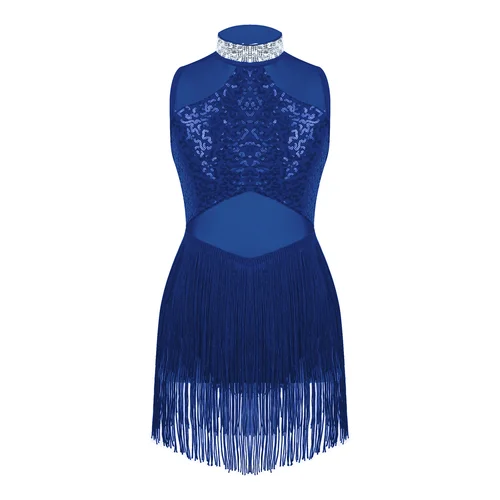 Imagen 2 del producto Vestido de baile latino de jazz brillante con pedrería para niñas, leotardo de baile con cuello de lentejuelas y dobladillo de malla con flecos, vestido para actuaciones de baile