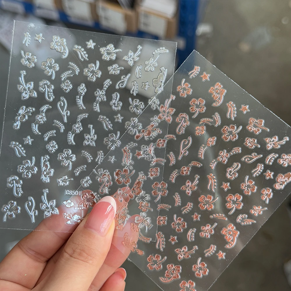 

2Sheets Y2k Hibiscus Flower Nail Art Sticker 3D Silver Champagne Gold Hibiscus Floral Nail Decals Self-Adhesive DIY Manicure Dec