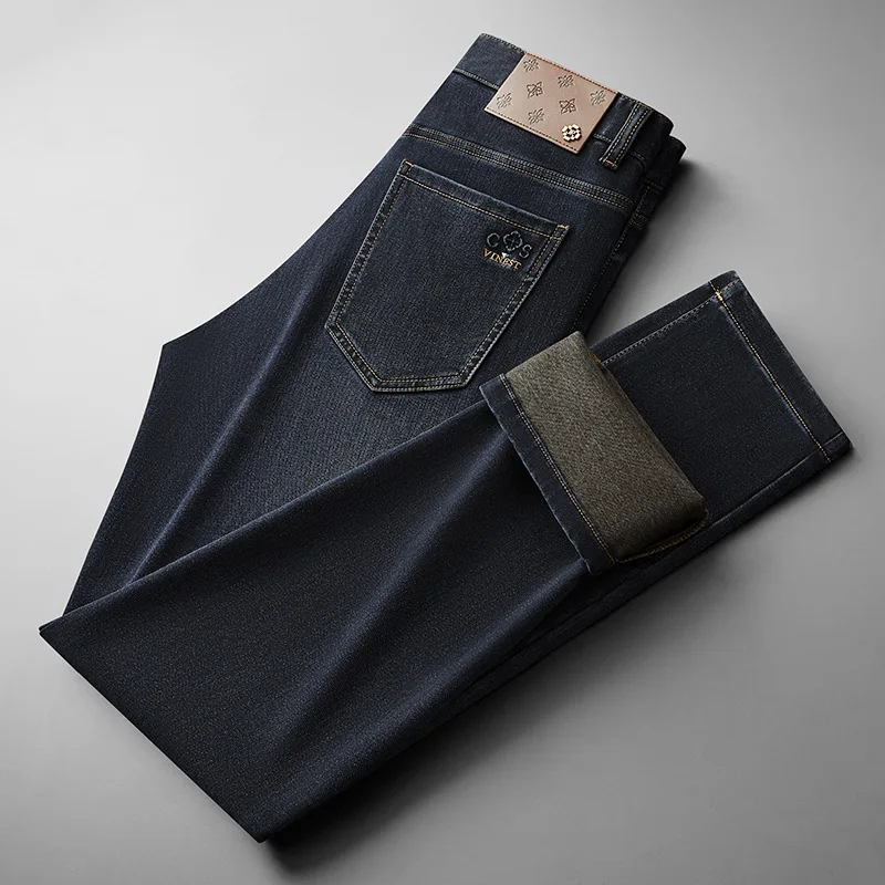 

High-End Jeans Autumn Winter New Stretch Thick Jeans Middle-Aged Men Light Luxury Business Mid-Rise Straight Pants