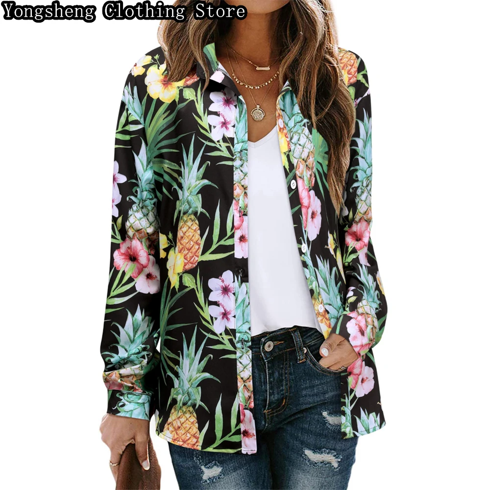 Women\'s long-sleeved ice silk printed shirt European new hot selling Hawaiian vacation slim casual clothing