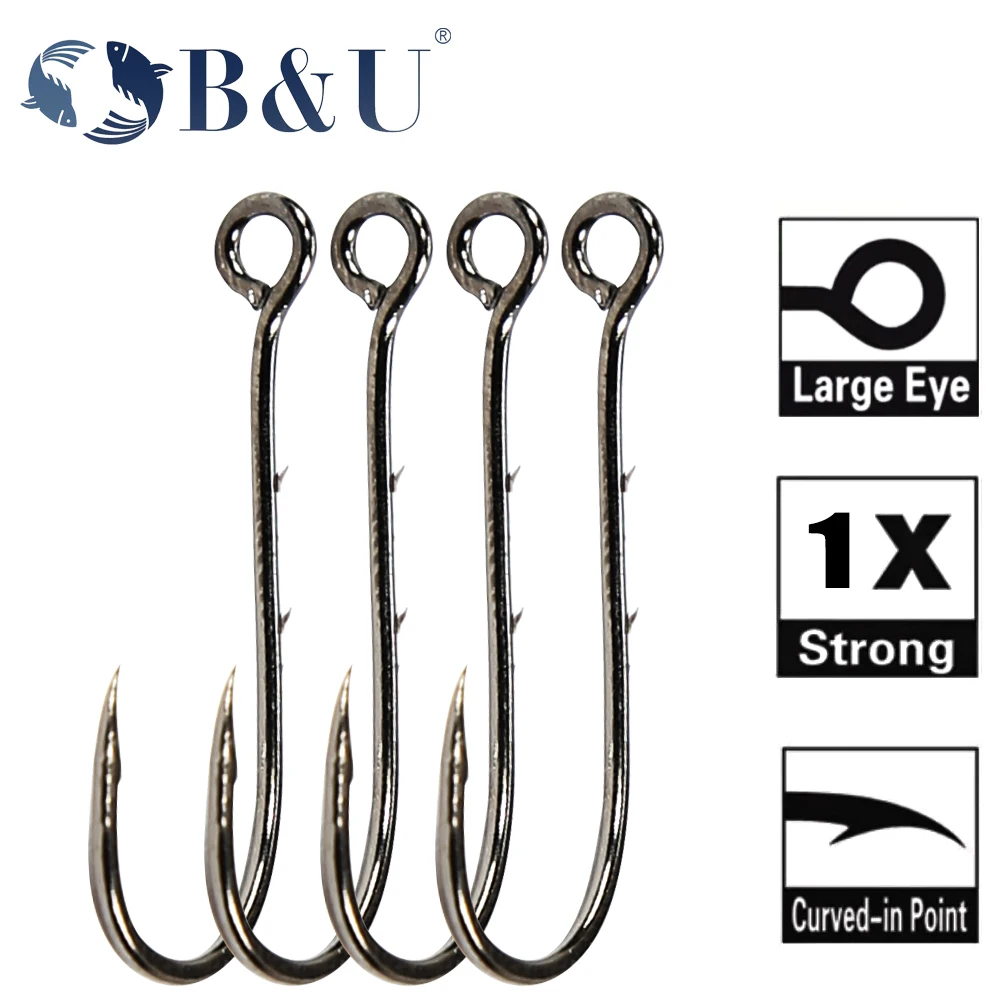 B&U 20 pcs Big Eye Fishing hook Long Shank Barbed Round Bent Joint Hook Big Eye Ring Worm Hook Fishing Lure Spoon Spinner