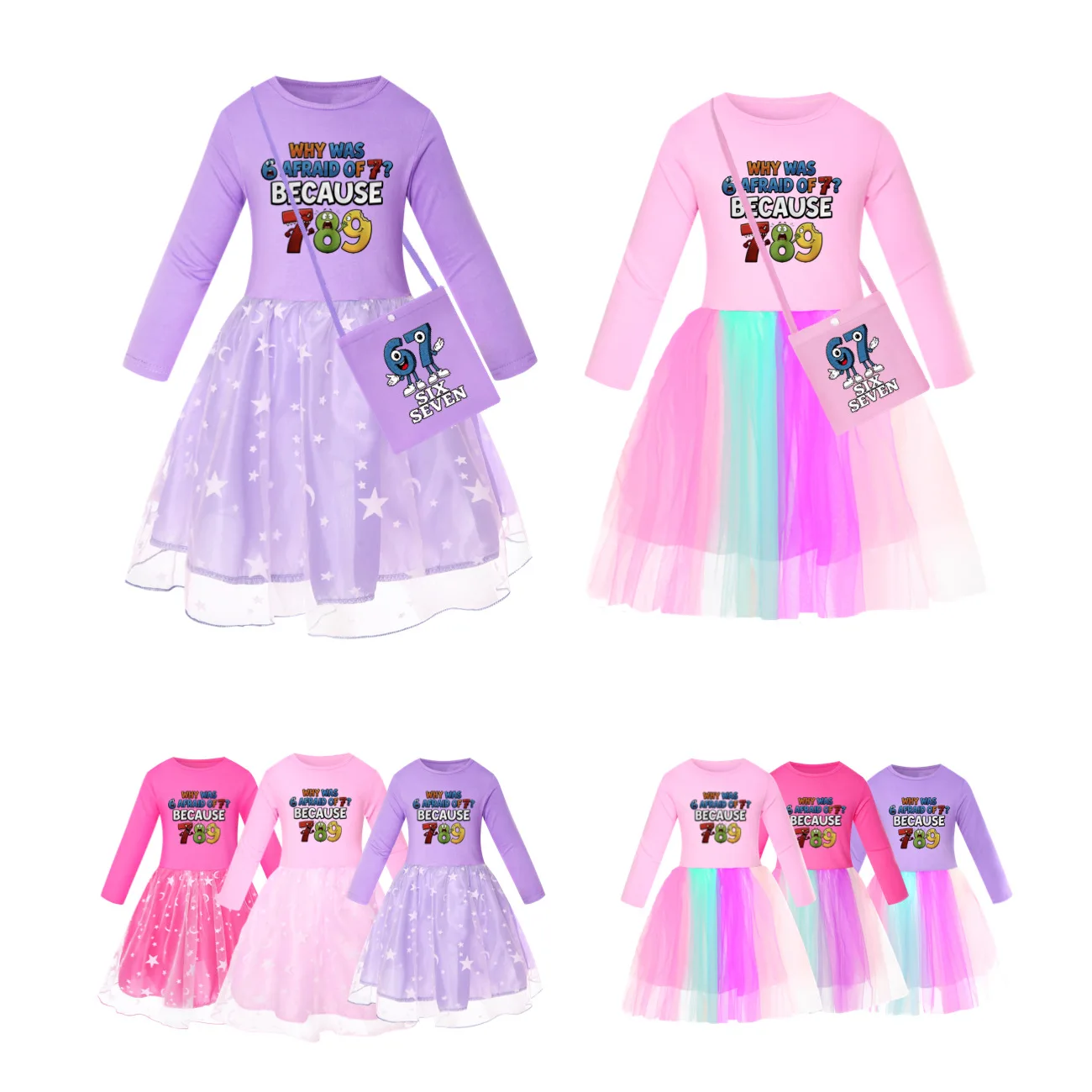 Six Seven Brainrot 67 Meme Kids Clothes Long Slevess Dresses Cotton Rainbow Ful…