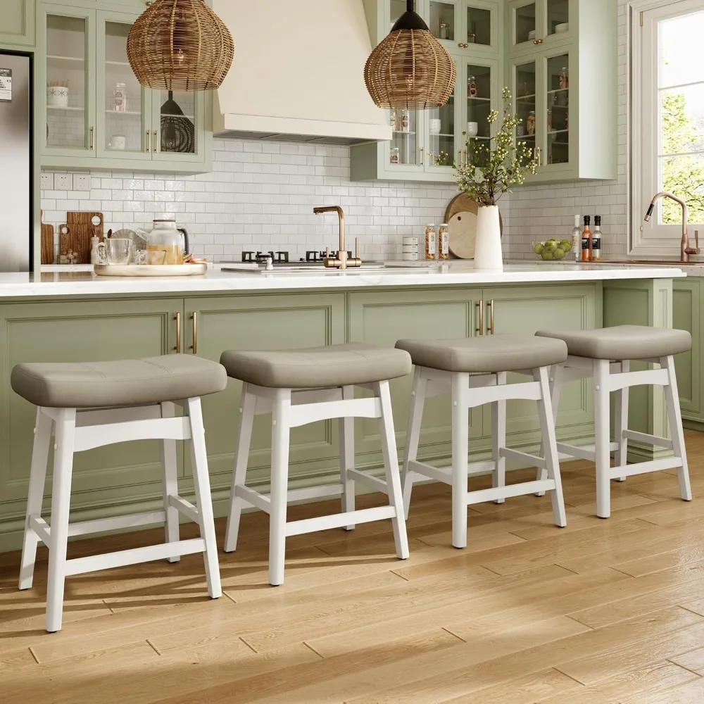 

Beige counter high bar stool, kitchen counter 4-piece set, solid wood legs with faux leather saddle seat
