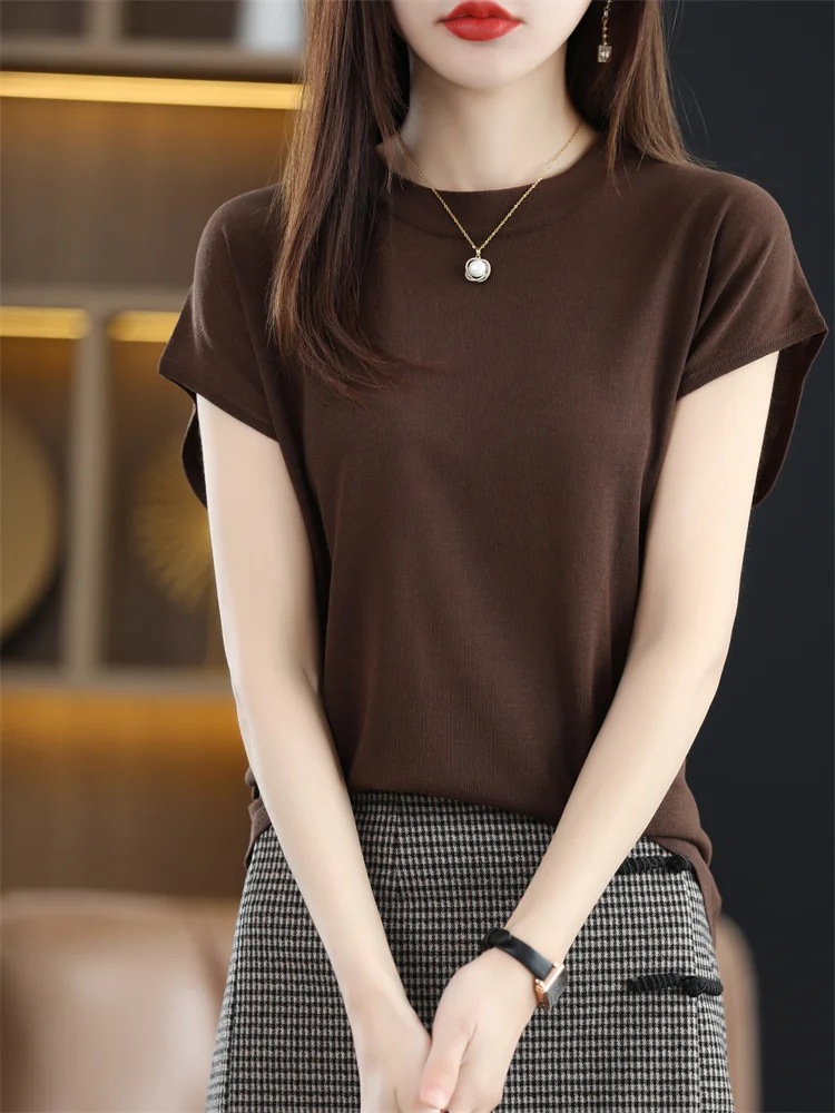 French Sle Ice Silk Knitted ort Sve T-irt Women's Summer Thin round Ne Svel Top oulder Drop T-irt Ladies...