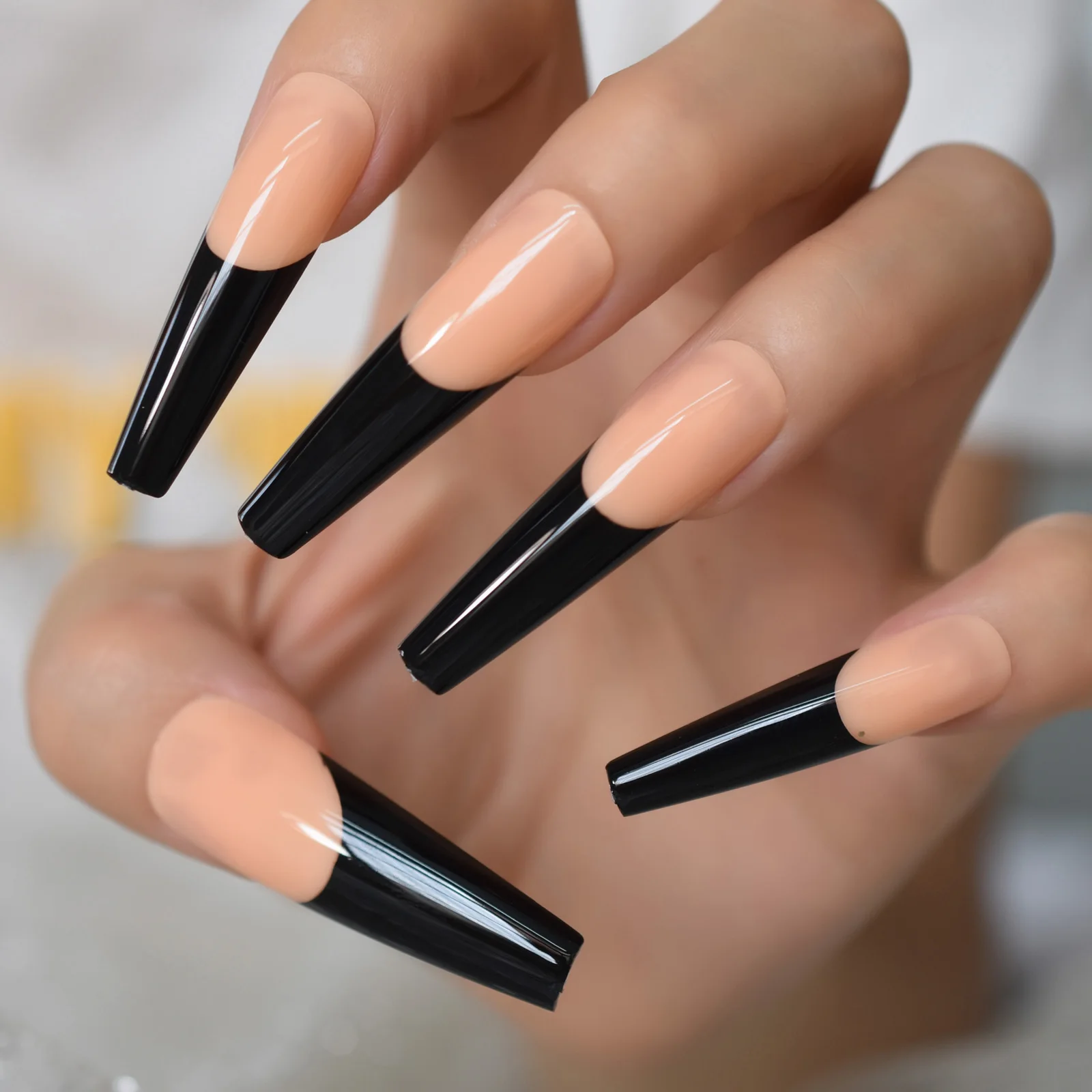 Glossy Black French Press on False Nails Super Long Coffin Ballerina Shape Gel Orange Nude Fingersnails Ballet Clip for Lady