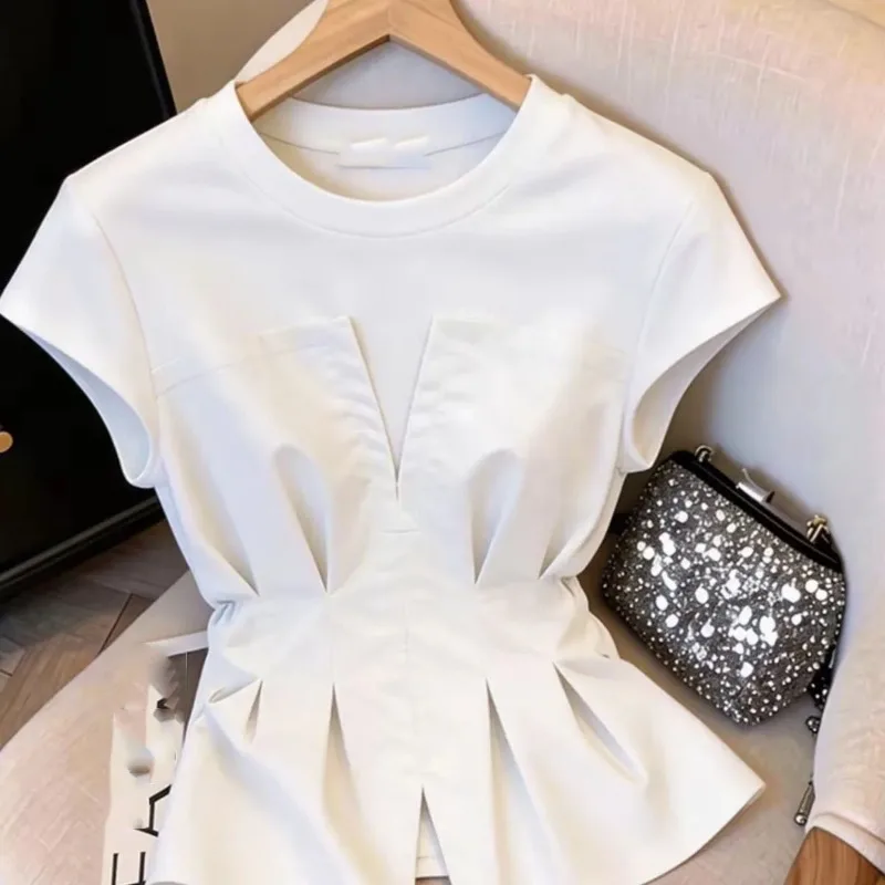 New Korean Splicing Short-sleeved T-shirt Summer Women's Fake Two-piece Waist-covering Belly Shoulder Coat Female Blouse Tops