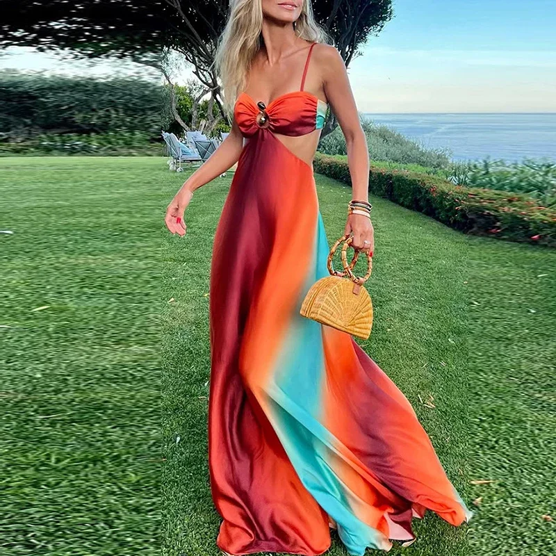 Moda ajustável suspender plissado vestido longo havaí cintura alta bohe vestido de festa sexy gradiente oco sem costas vestidos de praia