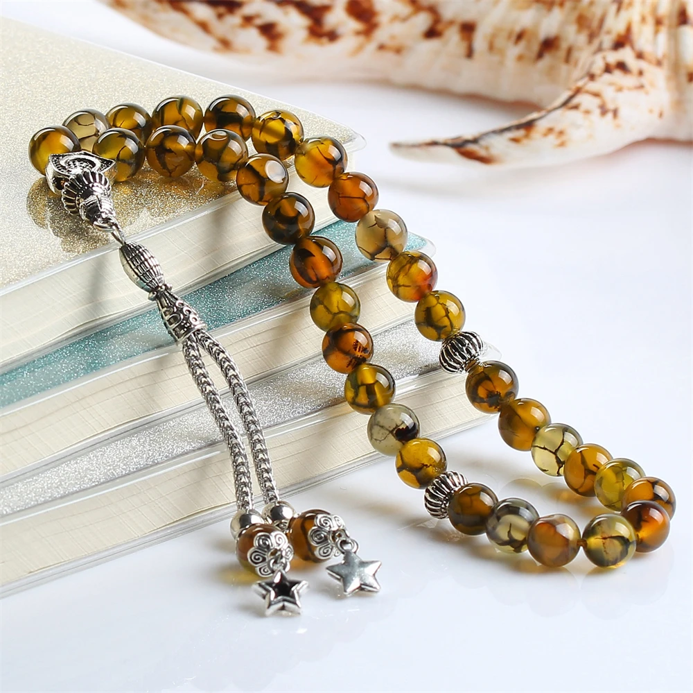 Natural Stone Agate Tasbih Misbaha Silver Color Tassel Prayer Beads 33 66 99 Islam Rosary