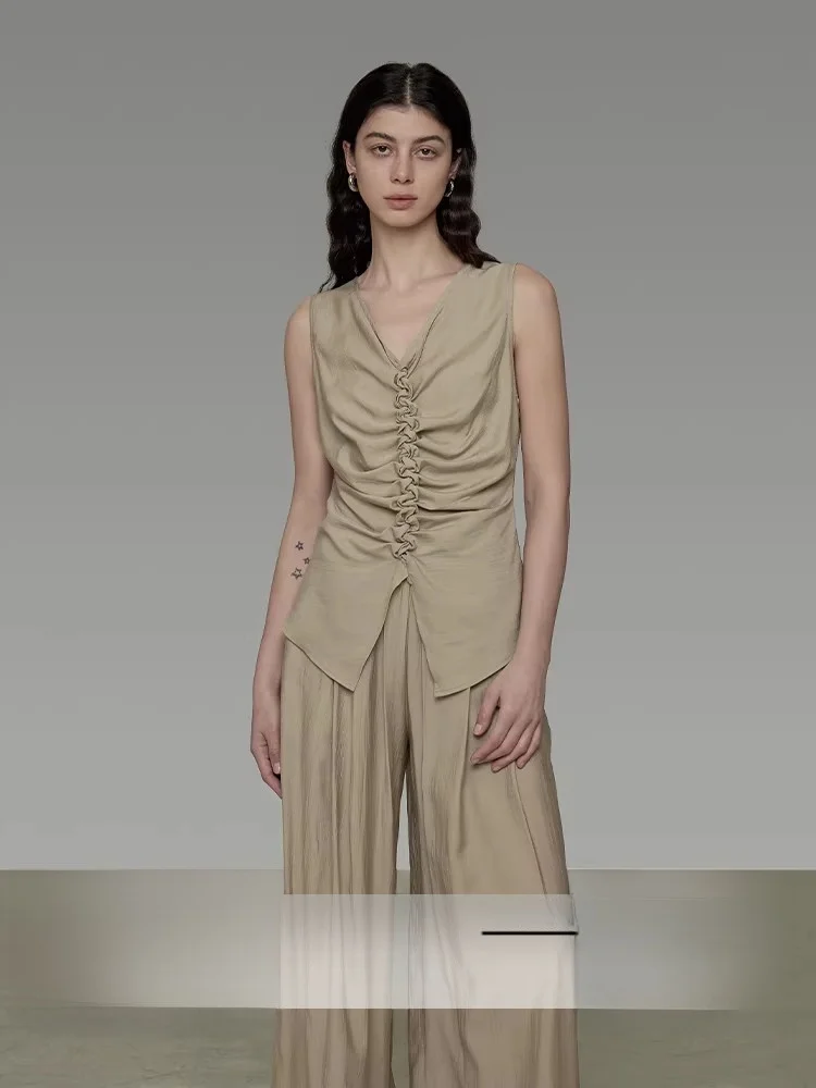 

Женский свободный жилет UNSPOKEN с V-образным вырезом, лето 2025, новинка, топ с завязками, повседневная модная верхняя одежда из смесового волокна