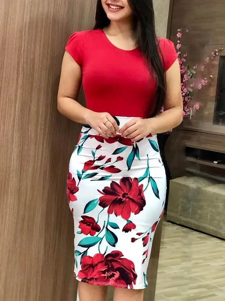 Zomer bloemenkleur Blo Dr. Bodycon maxirok voor dames rond Ne enkel stuk 2020 seizoen polyester materiaal