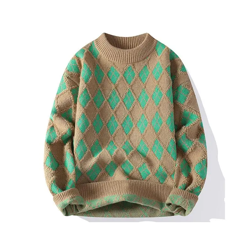 

Пуловер большого размера с ромбовидным узором, свитер, мужской пуловер, зимние топы, унисекс, вязаный, повседневный, комфортный, с геометрическим дизайном, M-XXXXL