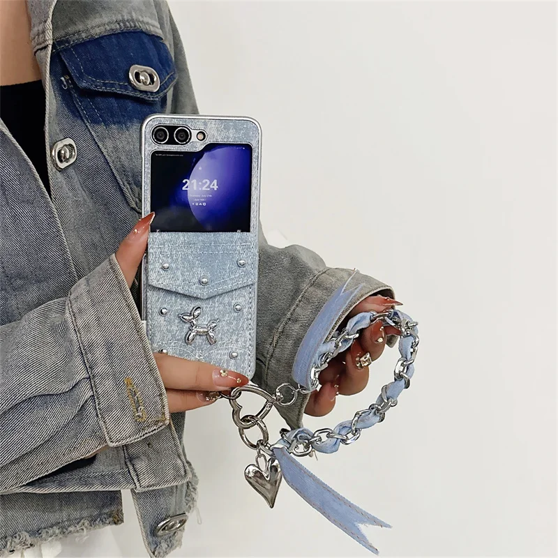 Card Solt Bag Denim Fabric Wallet Wrist Strap Case For Samsung Galaxy Z Flip 6 5 4 3 Dachshund Knot Shoulder Chain Lanyard Cover