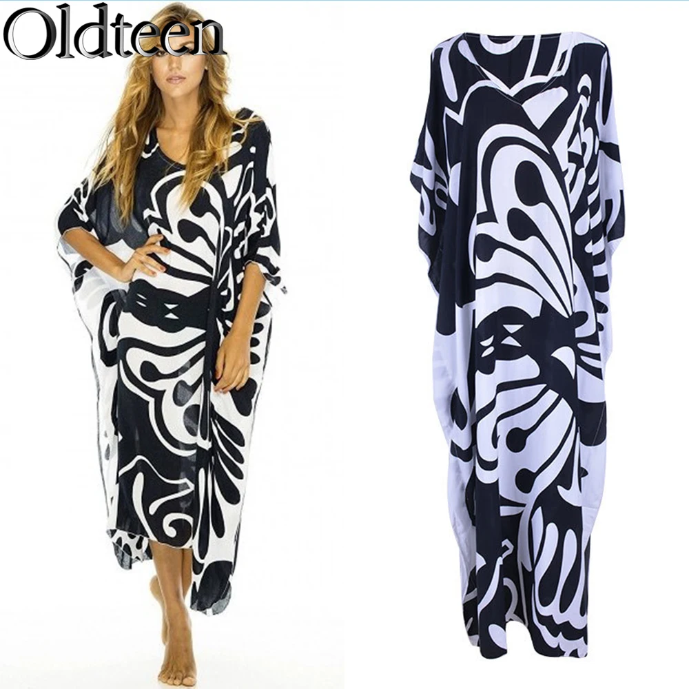 Hot Selling Artificial Cotton Black and White Butterfly Printed Long Skirt Summer Loose Beach Skirt Street Casual Dress Cover Up