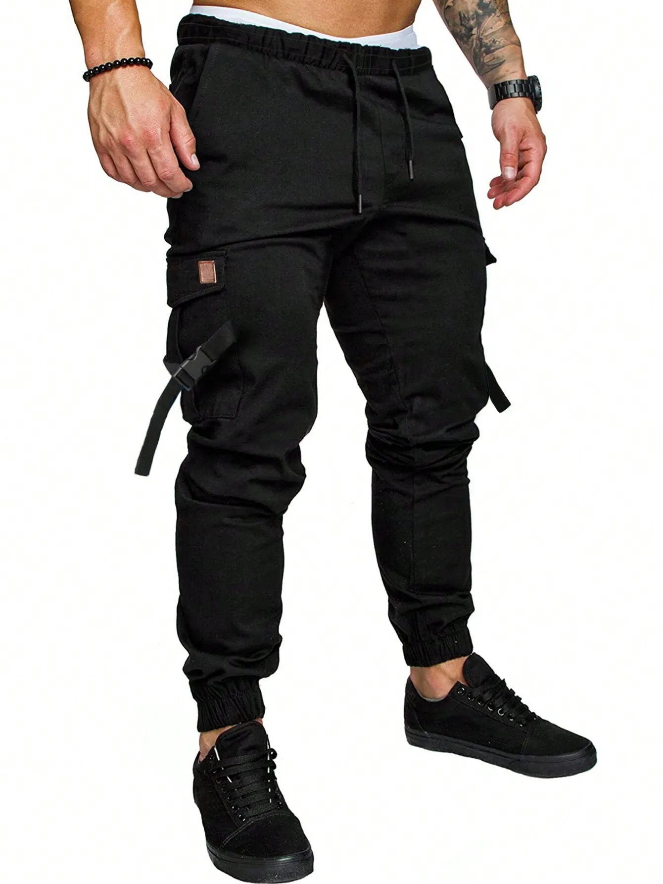 

Men's Black Cargo Jogger Pants with Flap Pockets and Drawstring Waist