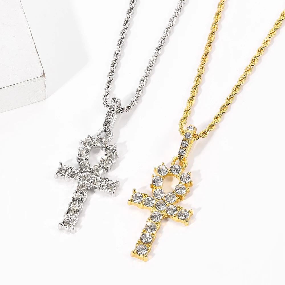 Cross Rheinstone Necklace Fashion Sideway Pendant Neckchain For Women Men Religious Good Wish Power Jewelry Gifts