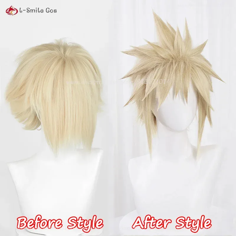 

FF7 Cloud Strife 30cm Short Light Golden Heat Resistant Hair Synthetic Anime Cosplay Wigs + Wig Cap