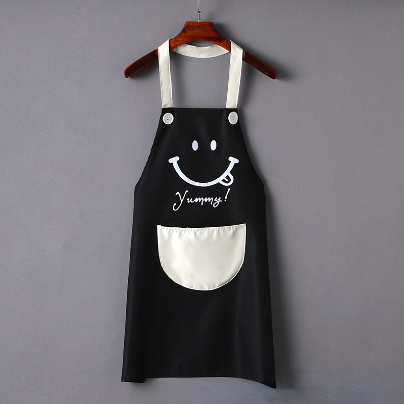 Modern Black PVC Smile Printed Apron Waterproof Oil-proof for Femme Men Big Pocket Apron Dress Household Kitchen Supplies