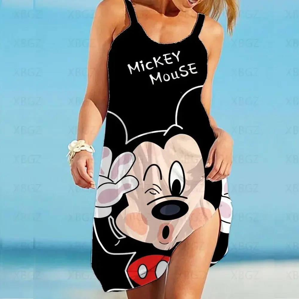 Summer Dresses Woman 2024 Disney Plus Robe Loose Sexy Dress Minnie Mouse Women\'s Boho Sling Top Cartoon Beach Print Fashion