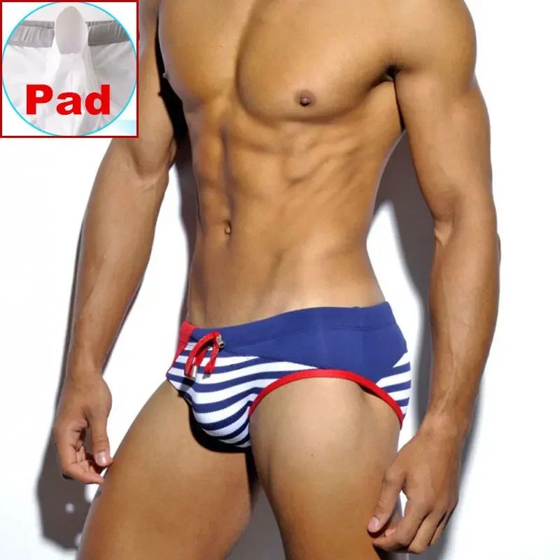 Mens Sexy Bikini Pad Swimwear Men Striped Swim Briefs Trunks Beach Shorts Swimsuits Swimming Trunk Brief Gay Male Beachwear