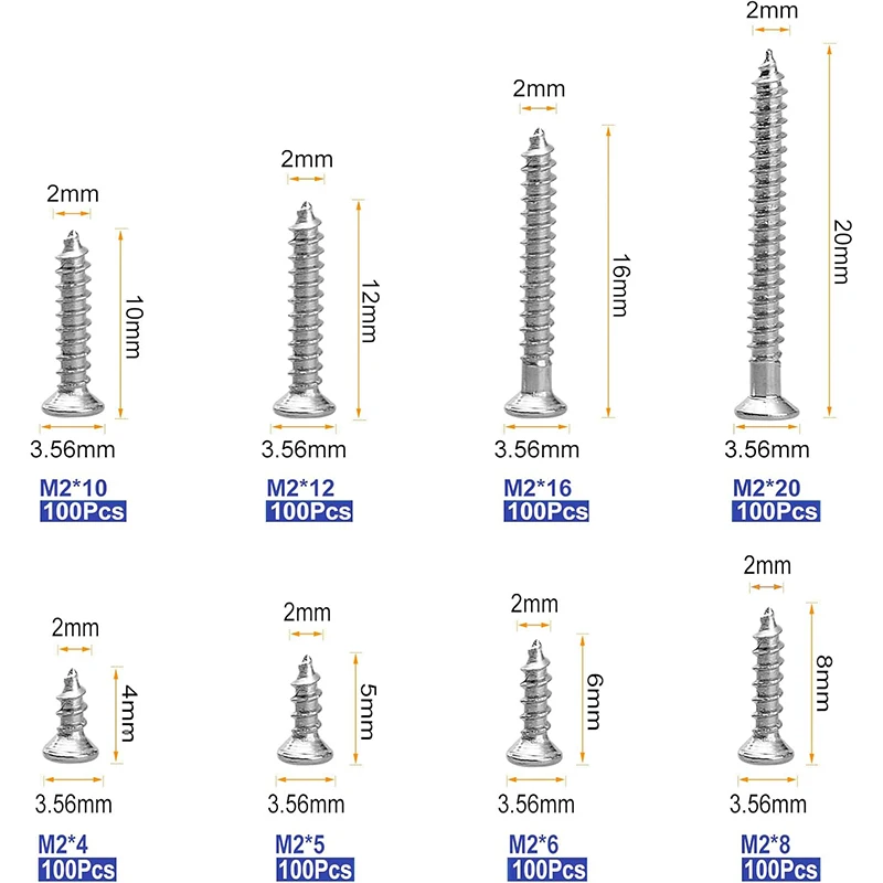 800Pcs M2 Self Tapping Phillips Screws Assortment Kit 5 Sizes Alloy Steel Cross Drive Flat Head Self Drilling Wood Screws DIY