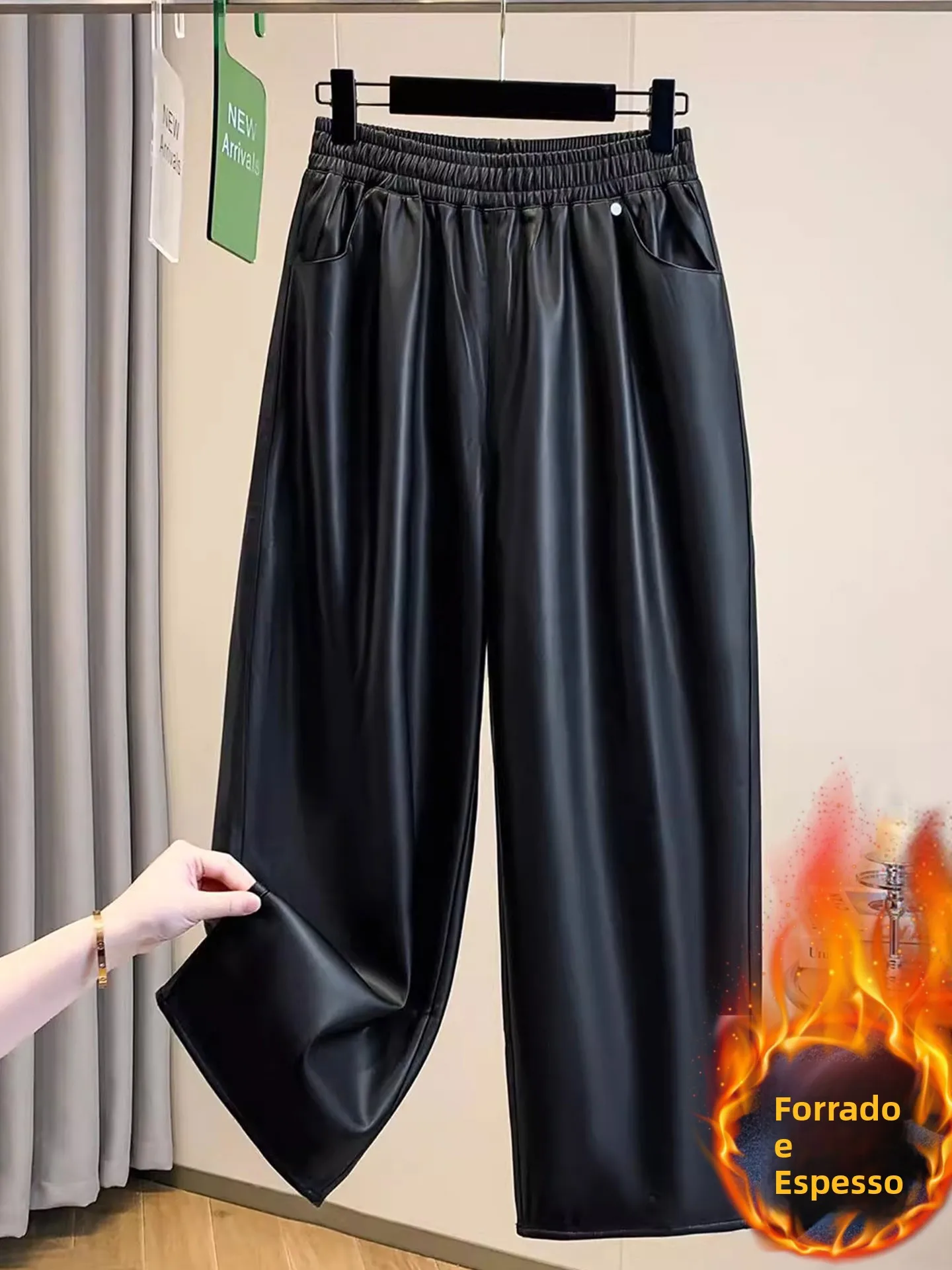 

Black PU Leather Wide Leg Pants Women's Outerwear Autumn Winter plus Size Slimming High Waist Short plus Size Dad Harem Carro...
