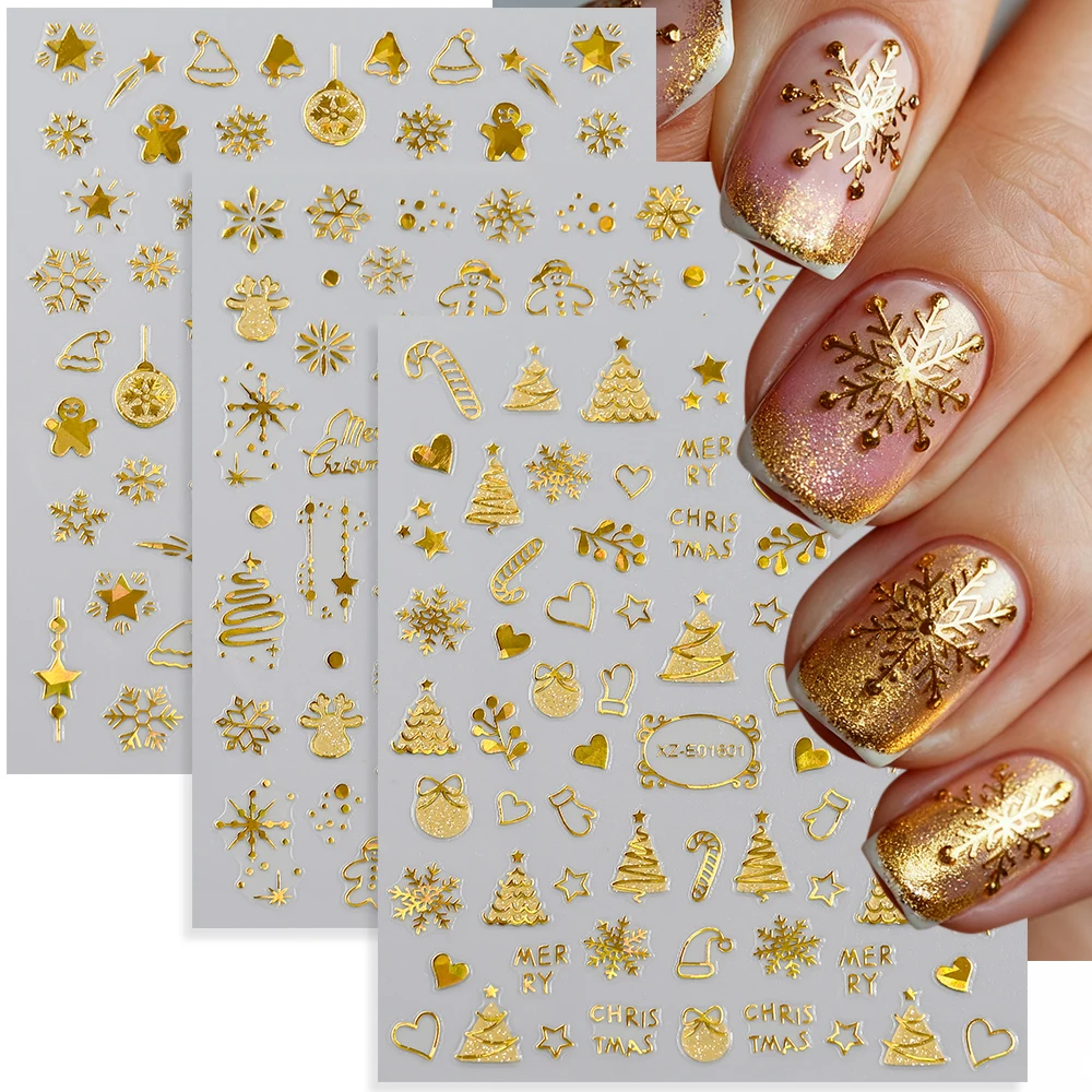 12 pièces Laser bronzant or 3D noël autocollant pour ongles Y2K flocon de neige cerf wapiti père noël ongles décalcomanies bonhomme de neige noël manucure autocollant