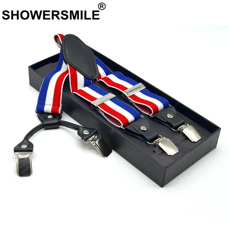 SHOWERSMILE Red White Blue Striped Suspenders for Pants Men Elastic High Quality Braces 4 Clips Belt 3.5*120cm Navy Suspender