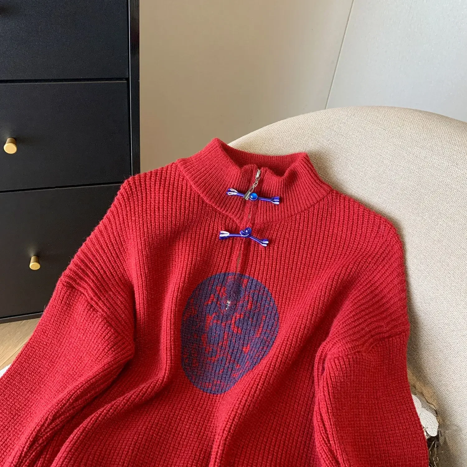 Suéter rojo de estilo chino para mujer, jerséis tejidos con botones Vintage para primavera y otoño, camiseta con cordón estampado para oficina para mujer