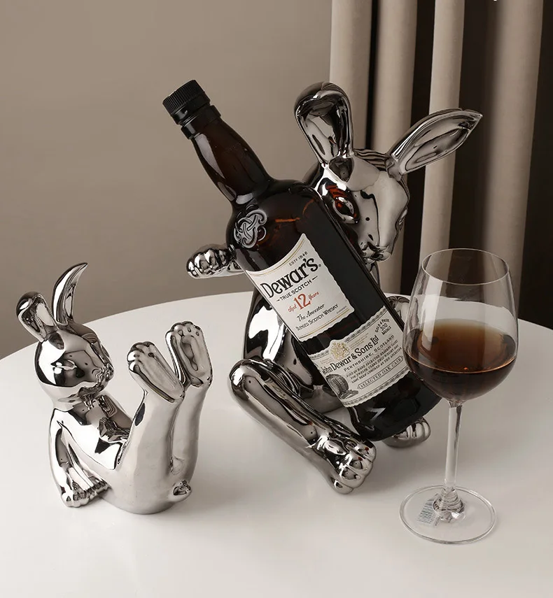 

European Electroplating Silver Ceramic Wine Rack Abstract Cartoon Cute Rabbit Animal Glass Crafts Home Decoration Gift