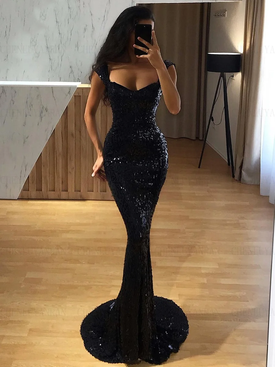 

Shinny Mermaid Formal Occasion Dresses 2023 Black Zipper Evening Gowns Sweep Train Mermaid Sexy Formal Party Dress فساتين السهرة