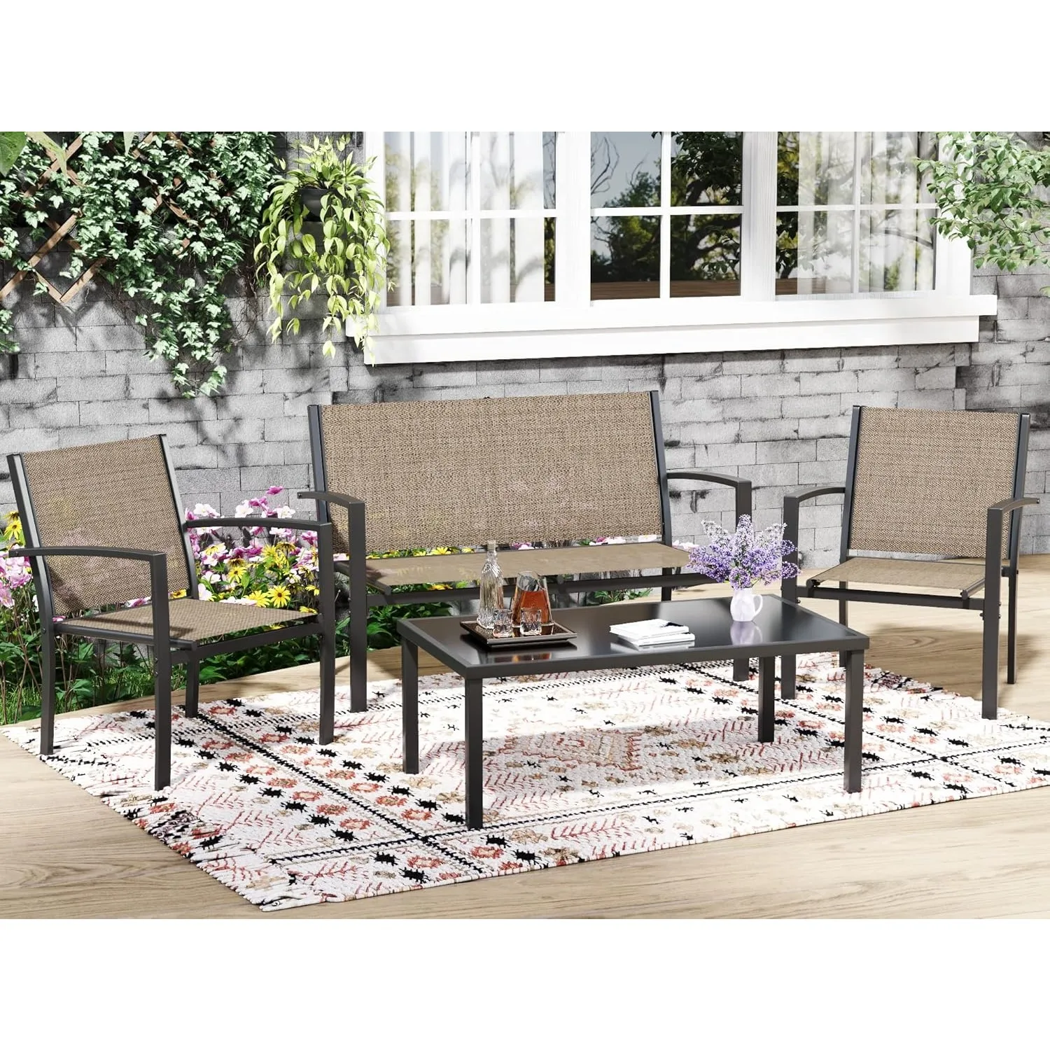 4 Pieces Patio Furniture Set, Outdoor Conversation Sets for Patio, Lawn, Garden, Poolside w/ A Glass Coffee Table, Brown