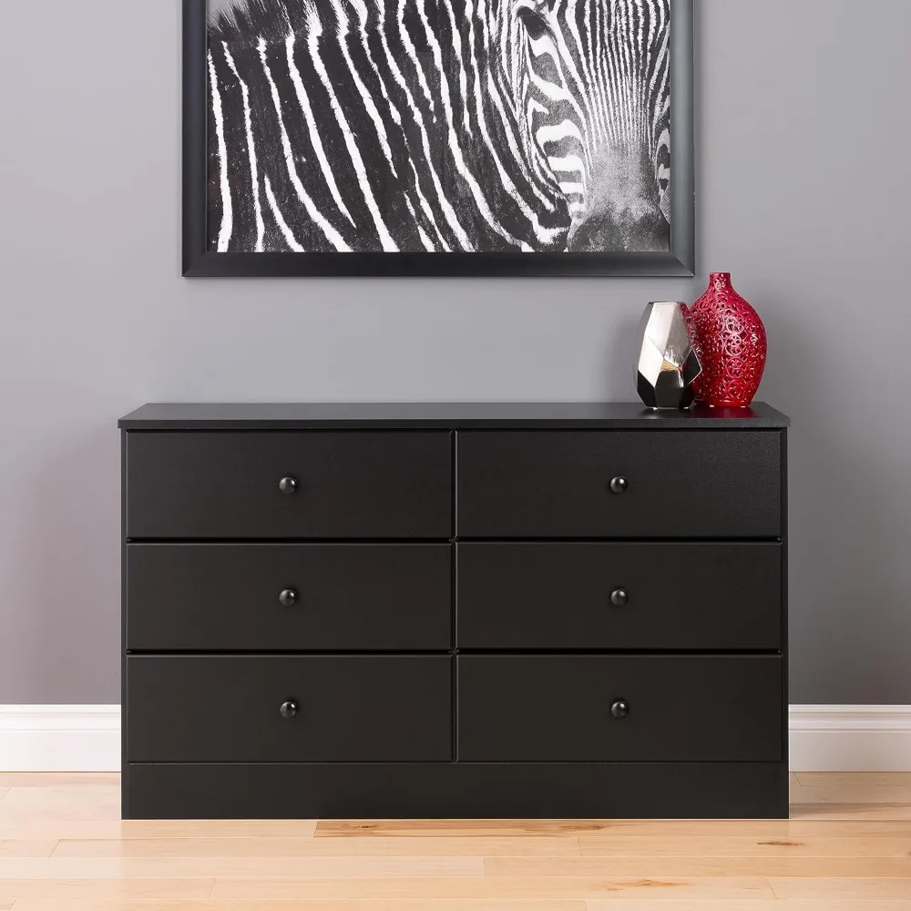 

Astrid 6 Drawer Double Dresser For Bedroom, living room，16" D x 47.25" W x 28.25" H, Low key and advanced，Black